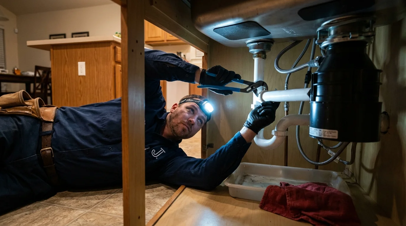P-trap and supply line connections under a kitchen sink showing a common leak point in Waynesboro, TN